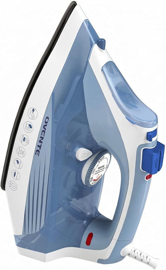 OVENTE Steam Iron, 1200W, Non-Stick Soleplate, 350mL, Blue IRNL77BL | With Water Spray Function, Precise Thermostat Dial, Auto Shutoff, Self-Cleaning, Anti-Drip, Ideal for Ironing Fabrics