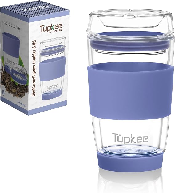 Double Wall Glass Tumbler, 8-Ounce Glass Travel Coffee Mug with Lid