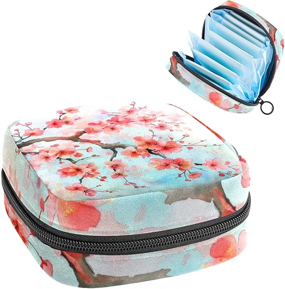 Period Bags for School, Sanitary Napkin Storage Bag for Feminine Pads, Pink Beautiful Blossom Cherry Flower Blue Background Ladies Menstrual Cup Pouch Sanitary Pads Organizer