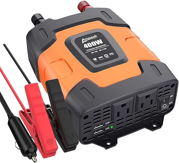 Ampeak 400W Power Inverter, 12V DC to 110V AC, 11 Protections | 800W Surge Peak, 2 AC Outlets, Dual USB 4.8A, Quiet Fan, for Car Truck Laptop Phone