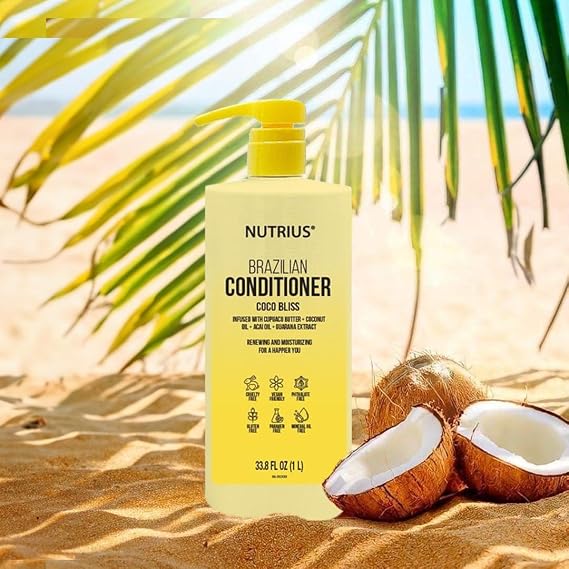 Nutrius Brazilian Conditioner, Coco Bliss Coconut Conditioner for Dry Hair, Hydrating Conditioner with Coconut Oil, Moisturizing Hair Conditioner for Soft Smooth Hair, Sulfate Free, 33.8 fl oz