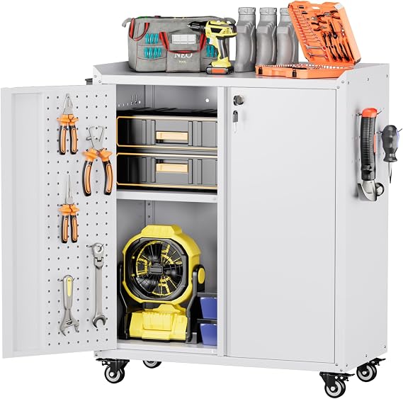 SUPEER Metal Tool Cabinet with Wheels & Pegboard, 87x66x35cm,White | Locking Garage Storage Cabinet with Doors and Shelf & 4 Hooks for Garage, Home, Workshops, Assembly Required