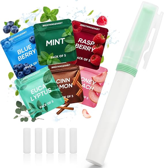 Breathing Sticks with Dust Cap + 30 Replacement Filters (70x8mm) – Variety of Aromas, Nicotine & Smoke Free,Long-Term Kit Mint, Cinnamon, Eucalyptus, Raspberry, Blueberry, Peach