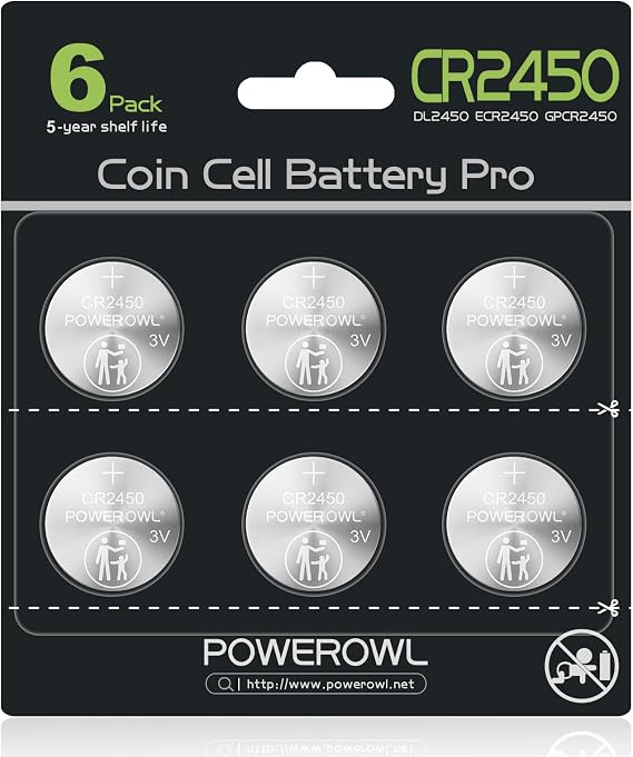 POWEROWL High Capacity CR2450 Battery, 10 Years Leak-Free, Long Lasting Power, CR 2450 3v Lithium Coin & Button Cell Batteries -Qty 6