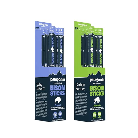 Patagonia Provisions Bison Sticks 24-Pack - Original, Jalapeno - Responsibly Sourced, Healthy High Protein Snack