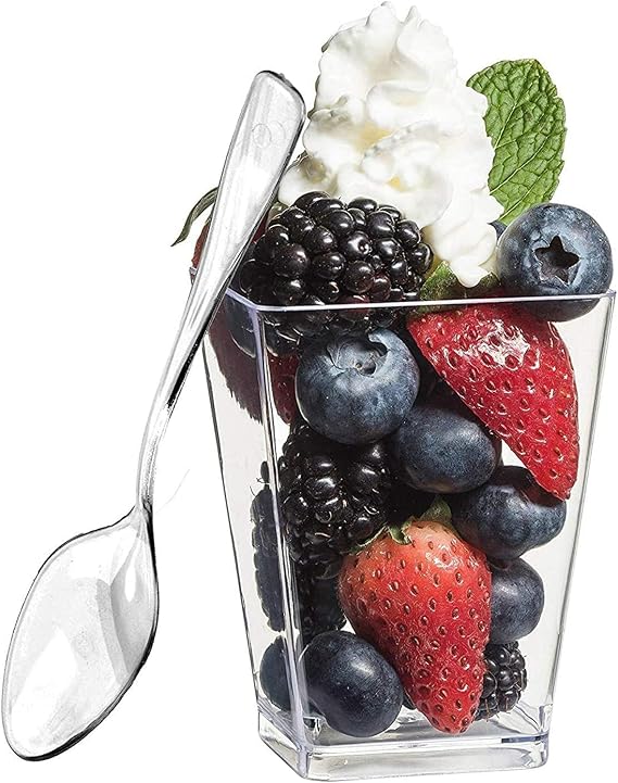 Zappy 50 oz Plastic Dessert Mini Cups with Spoons, Square, Disposable Party Cups