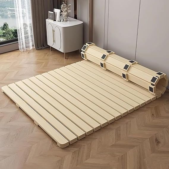 Folding Solid Wood Bed Frame,Foldable Japanese Floor Tatami Bed Frame,Wooden Roll-Type Slatted Floor Bed for Bedrooms,Guest Rooms,Dorm(78.7" D x 39.4" W, Khaki)