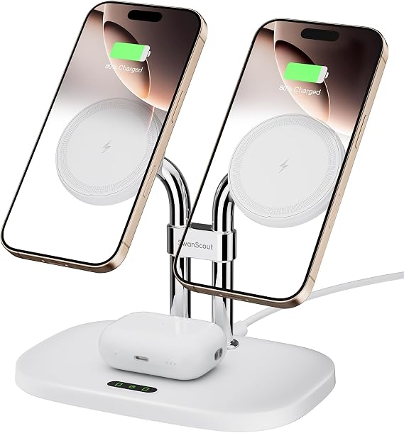 Dual Wireless Charger for iPhone 17, SwanScout 706M, White | Dual Magnetic Charger for iPhone Air/16/15/14/13/12 Series, Charging Station for AirPods Pro 3/2, AirPods 4/3