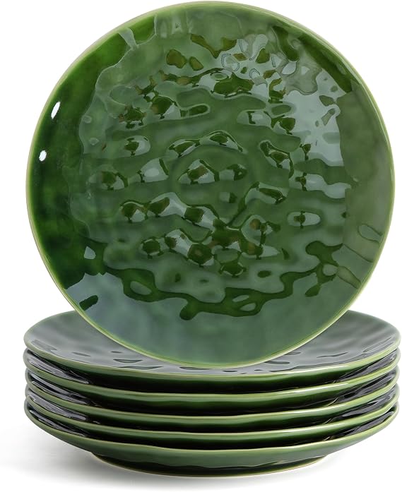vicrays Ceramic Dinner Plates Set, 10.5 Inch, Set of 6, Round, Microwave, Oven, Dishwasher Safe, Scratch Resistant, Porcelain Fluted Suitable for Steak, Pasta, Pizza, Home, Party, Green