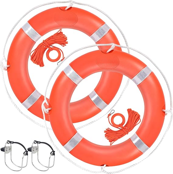 Life Preserver Ring 23"/28", Boat Safety Throw Rings with Bracket, Orange Buoy with Rope 98.5 FT and Reflective Tape for Boat