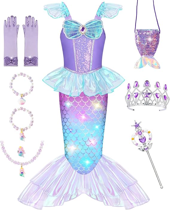 Meland Light Up Mermaid Costume for Girls Ages 3-10, Dress Up Toy Gift Set