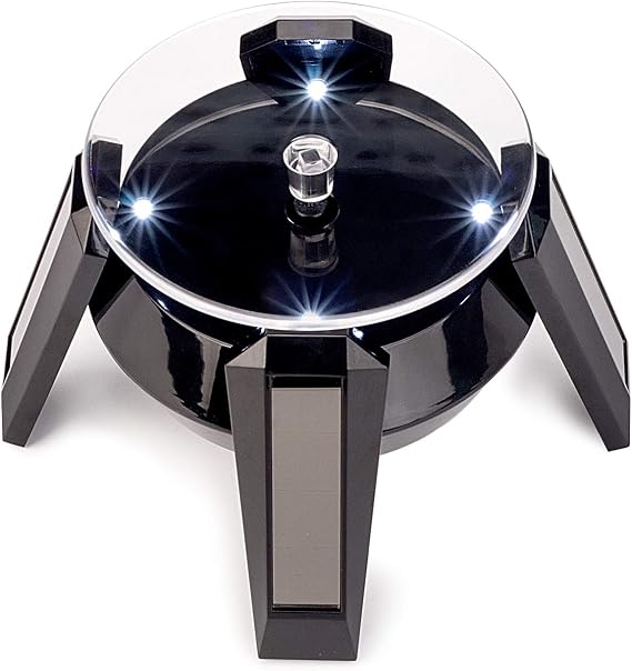 Solar Powered Rotating Display Turntable with 4 White LED Lights, Black