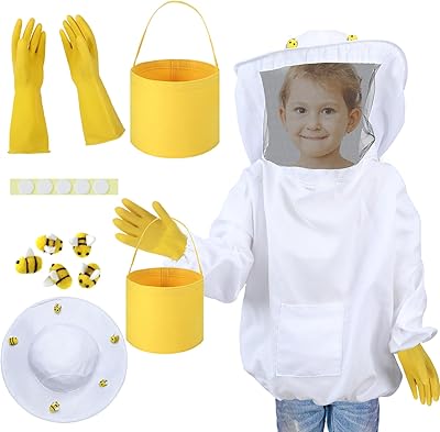 Jiuguva 13 Pcs Beekeeper Set Includes 1 Beekeeper Jacket 5 Pcs Wool Felt Bees 5 Pcs Round Double Sided Tape 1 Beekeeping Gloves 1 Felt Bucket for Children Beekeeping Supplies Halloween Medium