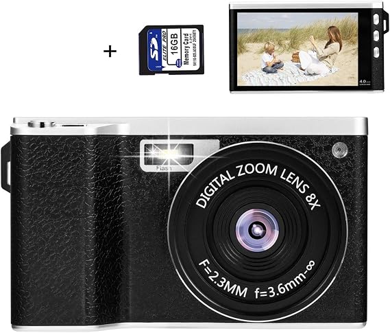 Compact Digital Video Camera,24MP HD Photo Cameras for YouTube,Mini Camcorders 8X Zoom Gift for Teens,Kids,Adults,Photography,Vlogging,Travel,Camping,Recording with Wide Angle Len & 16GB Card