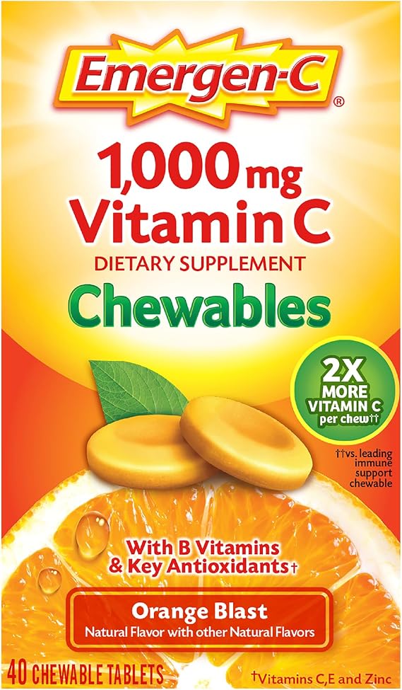 Emergen-C Vitamin C 1000mg Immune Support Chewables, Orange, 40 Tablets | Chewable Tablets, B Vitamins, Zinc and Manganese, No Water Needed, More Vitamin C than 10 Oranges