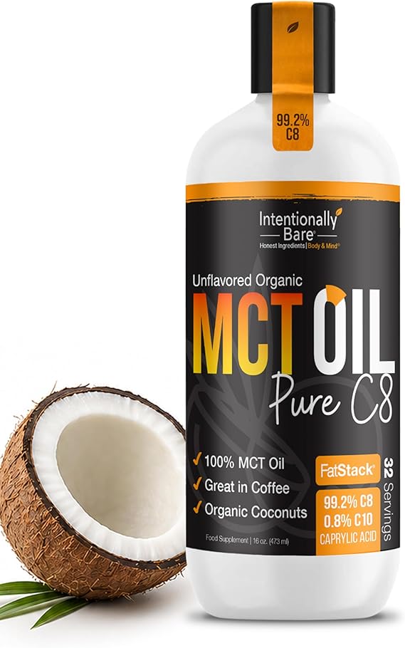 Intentionally Bare Organic C8 MCT Oil - Keto Paleo Vegan - Unflavored 16oz