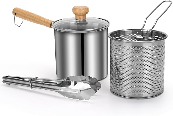 Small Deep Fryer Pot with Basket, 1.3-Quart | Mini Fryer and Soup Pot, For 1-2 People, With Tongs and Lid, Works on Gas or Induction Burner, Dishwasher Safe