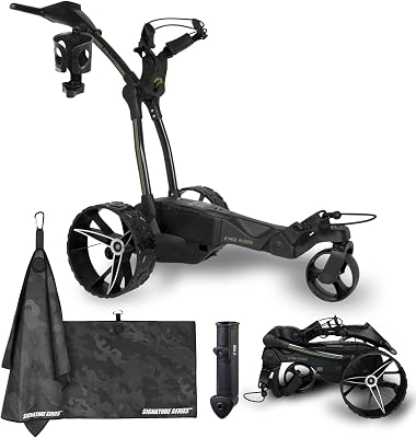 MGI Ai 500 GPS Electric Assisted Golf Push Cart | Zip Fold Caddy, 40,000 Courses Worldwide, Plays 36 Holes, Drink Holder, Bluetooth Smart Notifications | Signature Series Golf Towel