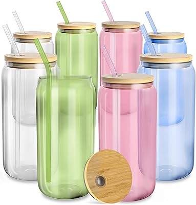 fullstar Glass Tumblers with Lids and Straws Reusable Iced Coffee Cups with Bamboo Lids Multicolor, 8 Pack