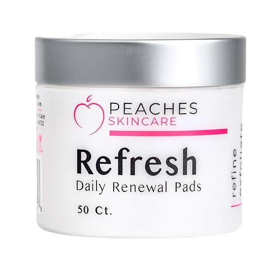 Peaches Skin Care Refresh Renewal Pads - Gentle Exfoliating Pads, 50 Count | Daily exfoliating pads for face and neck with willow bark, hyaluronic acid, niacinamide and AHA fruit blend