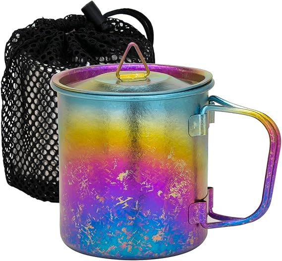 TiTo Titanium Cup Titanium Pot with Lid Ultralight Portable 300ml Foldable Handle Camping Tea Coffee Water Mug for Outdoor Backpacking Hiking Picnic Drinkware with Mesh Sack (Blue Colorful)