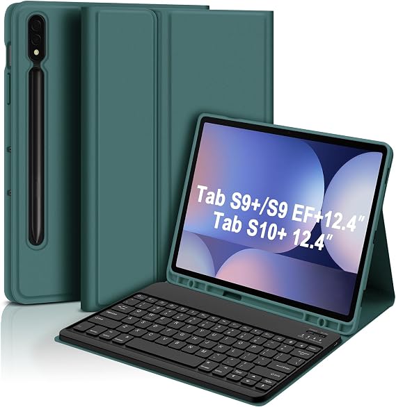 GOKOCO for Samsung Galaxy Tab S10+/S9 +/S9 FE+ 12.4 inch Keyboard Case with S Pen Holder,S10 Plus/S9 Plus/S9 FE Plus Detachable Wireless Bluetooth Keyboard with Auto Sleep/Weak-Pine Green