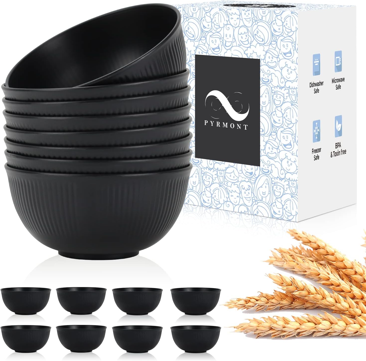 PYRMONT Cereal Bowl Sets of 8 Unbreakable Lightweight 26 OZ Bowls Set Microwave and Dishwasher Safe Wheat Straw Bowls for Soup, Oatmeal, Pasta, and SaladBlack