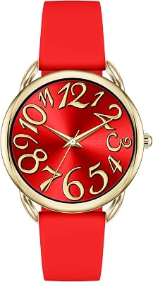 Bisley 38MM Women Gold Watch Big Face Colorful Dial Arabic Number Easy to Read Red Silicone Strap Watch
