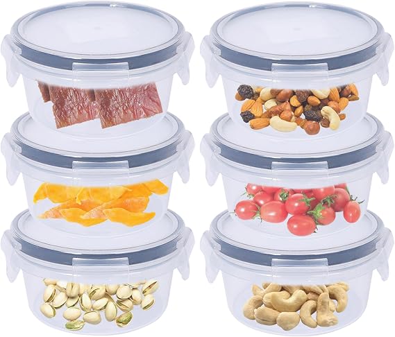 6 Pack 300ml Round Airtight Food Containers with Lids, Plastic Reusable Snack Pots with Clip Lock, Leak-proof Small Storage Container Set Stackable forfor Yogurt, Fruit, Meal Prep & Ourdoor (300ML*6)