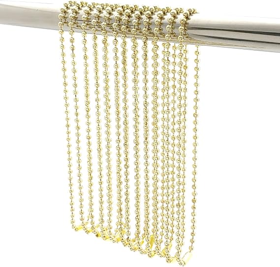 Gold Shower Curtain Hooks, 55 Inch Ball Chain Design, 12 Pack Rust-Resistant Metal Curtain Rings for Bathroom Rods, Heavy Duty 4.5mm Shower Curtain Hangers