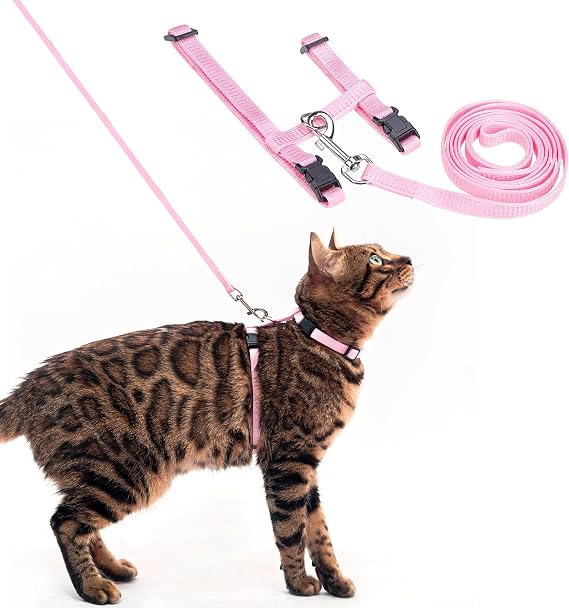 PUPTECK Adjustable Cat Harness and Lead Set Escape Proof Kitten Strap Collar for Walking Travel, Light Pink, S