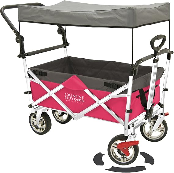 Creative Outdoor Folding Stroller Wagon for Kids & Cargo - Seat Belts - Adjustable Handle - Removable Canopy - Collapsible Utility Cart for Camping, Beach, Park & Outdoor Parties - Hot Pink