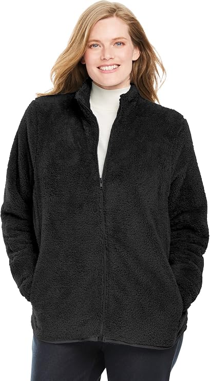 Woman Within Fluffy Fleece Jacket Oversized Zip-Up Jacket | Women's Plus Size