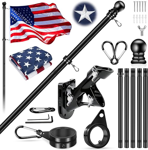 Flag Pole Kit with 3x5 American Flag and Pole, 6 Ft Black Spinning Metal Flag Poles for Outside House Heavy Duty Embroidered US Flag 3' x 5', Porch Wall Mount Flagpole Holder & 360 Flag Ring Clips