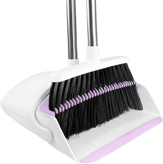 Broom with Dustpan Combo Set for Home, 52-in Long Adjustable Handle Angle Broom and Dustpan Set with Dustpan Comb Teeth for Sweeping Pet Hair Food Dirt Kitchen (White-Purple)
