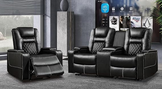CANMOV Electric Home Theater Seating Set,PU Leather Power Theater Recliner Loveseat Sofa and Power Recliner Chair with Cup Holders,USB Ports and Hidden Arm Storage for Living Room,Black
