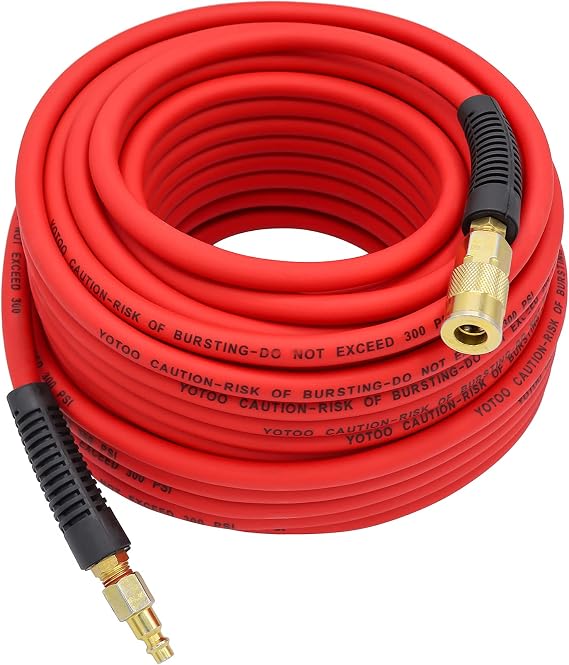 YOTOO Hybrid Air Hose 1/4-Inch by 100-Feet 300 PSI Heavy Duty, Lightweight, Kink Resistant, All-Weather Flexibility with 1/4-Inch Industrial Quick Coupler Fittings, Bend Restrictors, Red