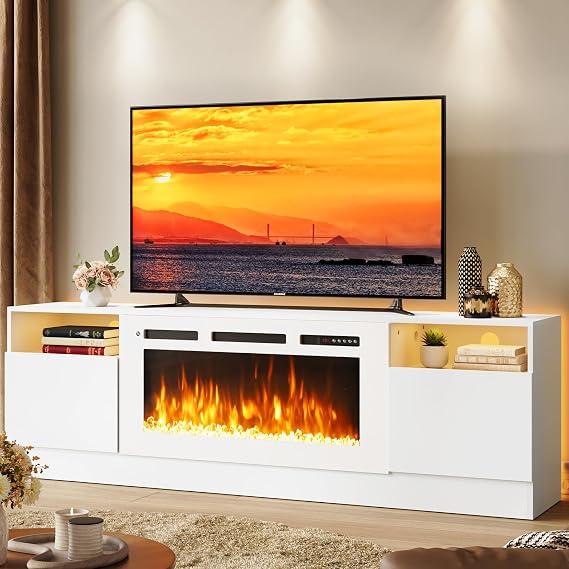 oneinmil 70 TV Stand with 36 Electric Fireplace, Large Modern Media Entertainment Center with Storage Cabinet and 12 Colors LED Lights for TVs Up to 80", White TV Stand and White Fireplace