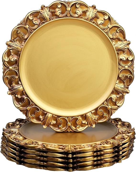 13" Antique Brown and Gold Charger Plates, Set of 6 Plastic Textured Chargers for Dinner Plates with Embossed Rim, Table Decor, Party, Wedding, Holiday