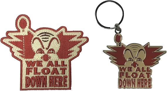 Hat Shark We All Float Down Here Clown Horror Movie Parody Iron On Patch Applique & Enamel Key Chain Set of 2