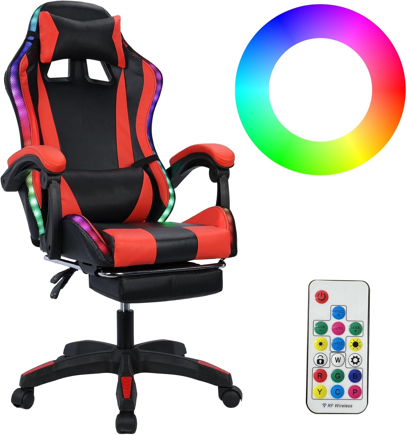 Gaming Chair Bluetooth Speakers LED Lights Office Chair High Back Computer Chair Leather Desk Chair with Footrest Adjustable Swivel Video Game Chair with Headrest and Massage Lumbar Support Red