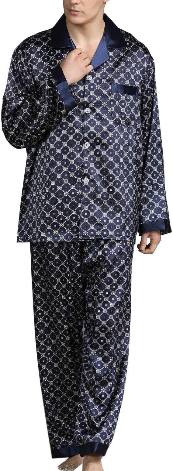 Cicilin Mens Satin Pyjamas Set Long Sleeve Top and Long pants Button Sleepwear Nightwear