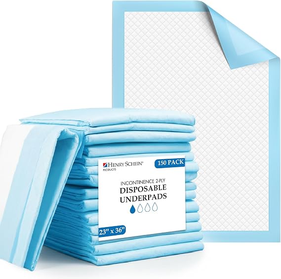Disposable Underpads, 23x36 Light Absorbency, 2-Ply Tissue, Not Waterproof Hypoallergenic, Latex-Free, Poly-Backed for Minor Leaks 150 Pads/Case, White/Blue