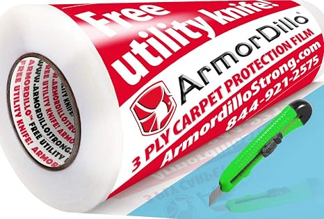 ArmorDillo Xtra-Thick Carpet Protector 17.5" x100' with Free Knife. Only Full 3mil-3ply, Only 'Easy Start Only 100% US Made. Strongest Durable Carpet Cover, Self-Adhesive