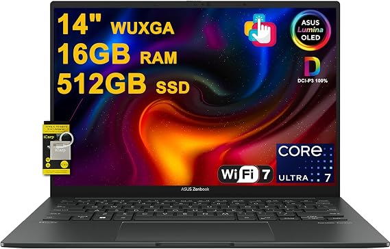 ASUS Zenbook 14 Creator Laptop 14" WUXGA Lumina OLED Touch (100% DCI-P3, 500nits HDR) Intel 16-core Ultra 7 255H (Up to 13 Tops) 16GB RAM 512GB SSD for Business Professional Win11 ICP Hub