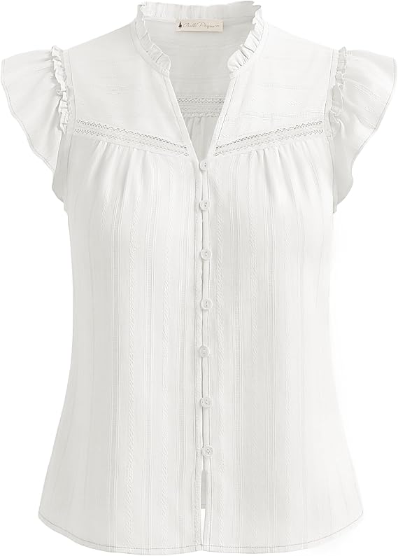 Belle Poque Women's Ruffle Sleeve Cotton Shirts V Neck Button Down Lace Crochet Blouses Spring Summer Dressy Casual Tops 2026