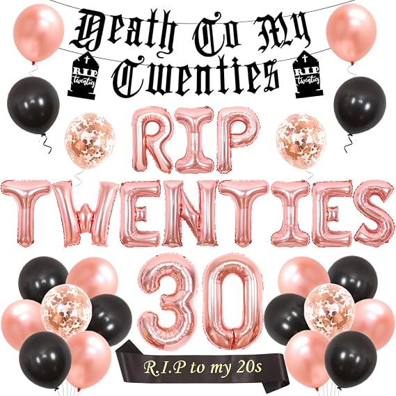 Rip Twenties 30th Birthday Party Decoration for Women Black and Rose Gold Balloon Garland Death to My Twenties Banner, Rip to My 20s Sash, Number 30 Foil Balloon for Funny Thirty Birthday