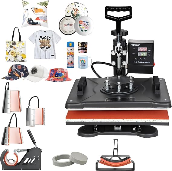 VEVOR 8 in 1 Heat Press Machine Combo, 360 Swing Away Tshirt Press Machine for Printing Hat Mug T Shirts Cap, 12x15 Digital Multifunctional Sublimation Heat Transfer Machine