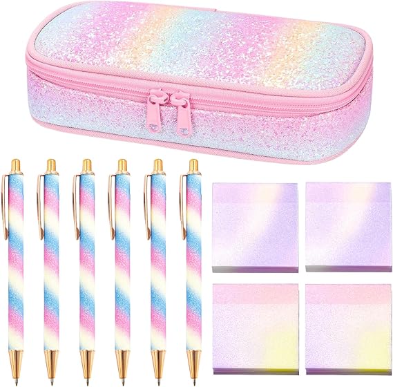 Cute Pink Rainbow School Supplies,Kawaii Stationery Birthday Gifts,Includes Sparkly Glitter Ballpoint Pens,Glitter Rainbow Pencil Holder,Kawaii Birthday Christmas Gifts for Office School Supplies