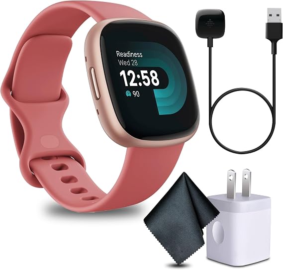 Fitbit Versa 4 Fitness Smartwatch mit täglicher Bereitschaft für Damen und Herren mit Reinigungstuch und Ladegerät (Pink Sand/Copper Rose)